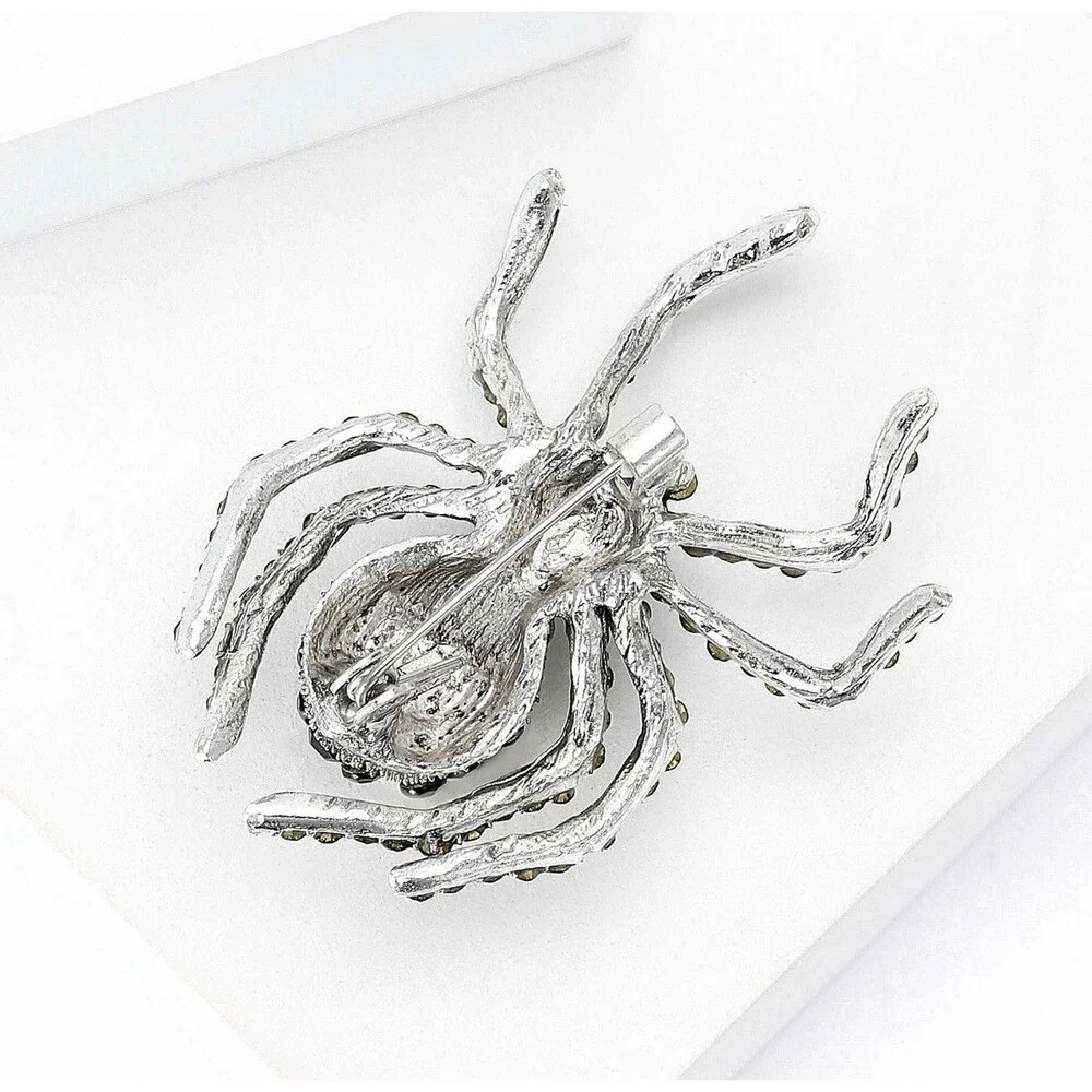 Black Rhinestone Spider Brooch Silver Tone Gothic Halloween Statement Pin NEW